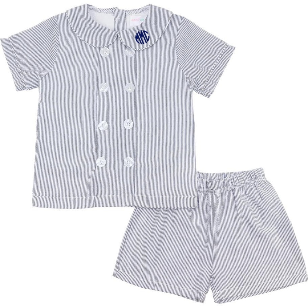 Navy Seersucker Double Breasted Short Set - Picture 2 of 2